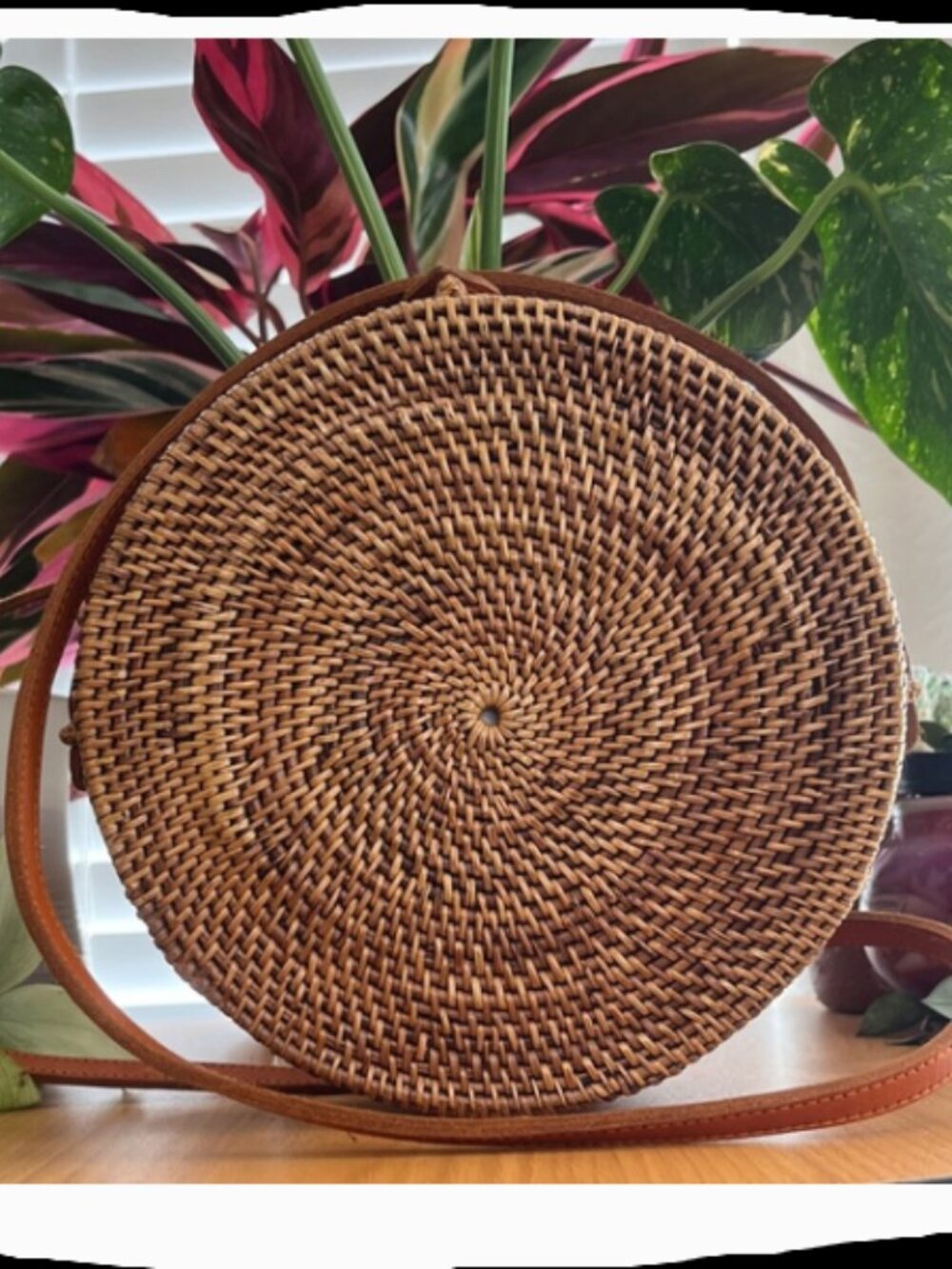 Rattan & Leather Round Crossbody Bag – NWOT – Handcrafted Boho Circle Satchel